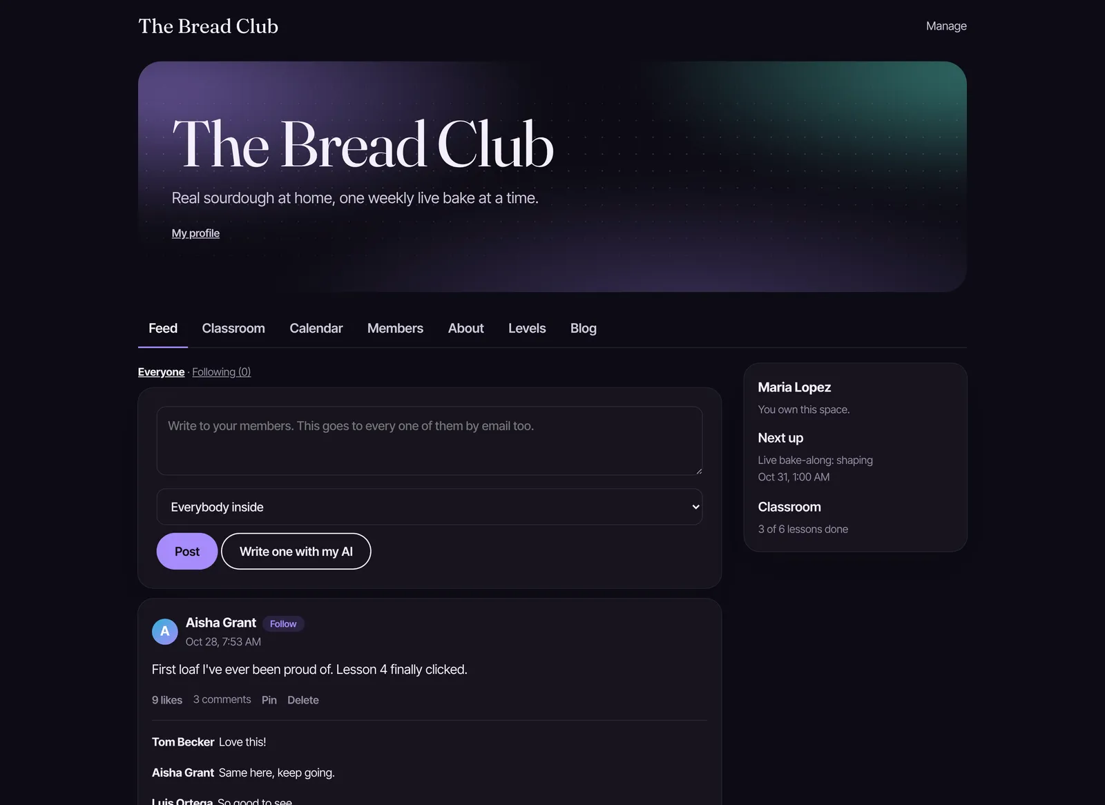 A members area feed with posts, likes and comments